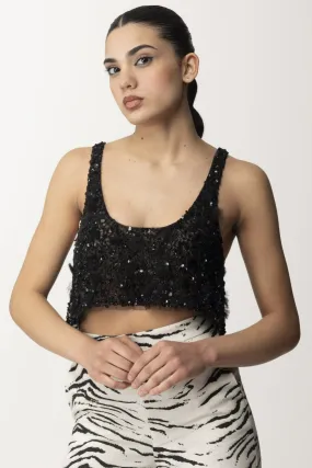 Top crop in tulle con paillettes e frange Nero